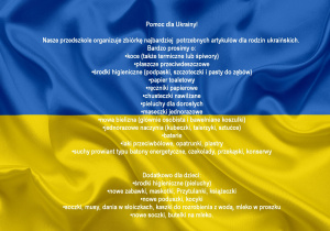 Na tle flagi Ukrainy wymienione są produkty niezbędne, które zbieramy